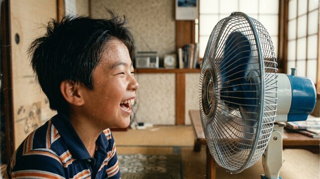 昭和の日本人小学生：和室の扇風機の前で大きな口を開けて風を浴び、楽しそうに涼む日本人小学生男子の夏休みクローズアップポートレート