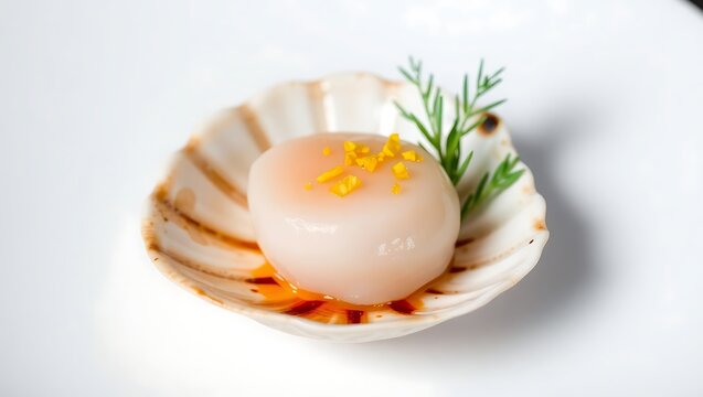 Isolated macro shot of fresh scallop sashimi (hotate) with lemon zest, served in a seashell, high contrast lighting, clean white plate, fine detail focus