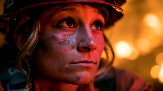 Close up portrait of a female firefighter with soot on her face lit by warm firelight courage and determination