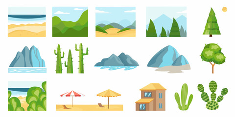 Landscape scenes and vegetation colorful vector illustrations on white background © Rupa