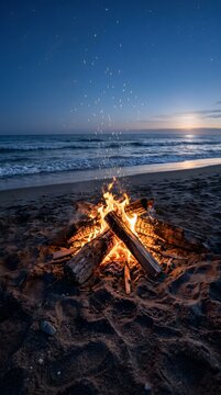 Campfire on sandy beach ocean horizon sunset sky stars flames sparks warm glow night scene
