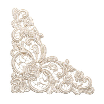 Elegant ornate floral corner lace applique embroidery design.