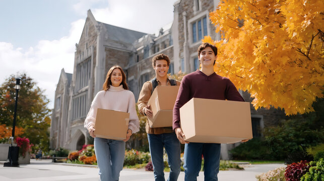 Group of happy college students carrying cardboard boxes on campus during autumn, moving into dormitory. Bright fall foliage and historic university building in the background.
