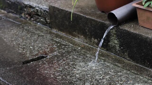 Rainwater flowing from drainage pipe into concrete roadside drainage ditch on a rainy day in Japan