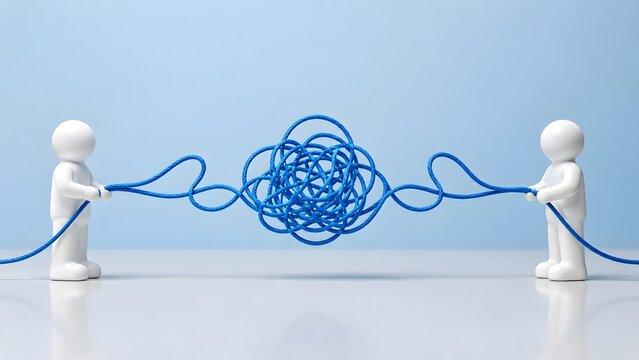 Conflict Resolution and Problem Solving Concept with Two 3D Figures Untangling a Tangled Blue Rope