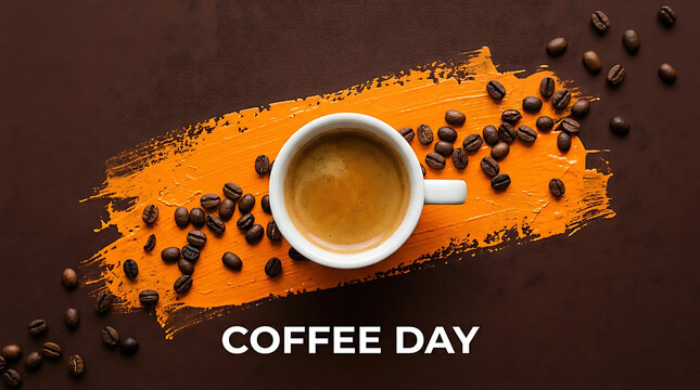 International Coffee Day banner with espresso cup, roasted coffee beans on orange paint stroke background, morning caffeine concept for cafe menu