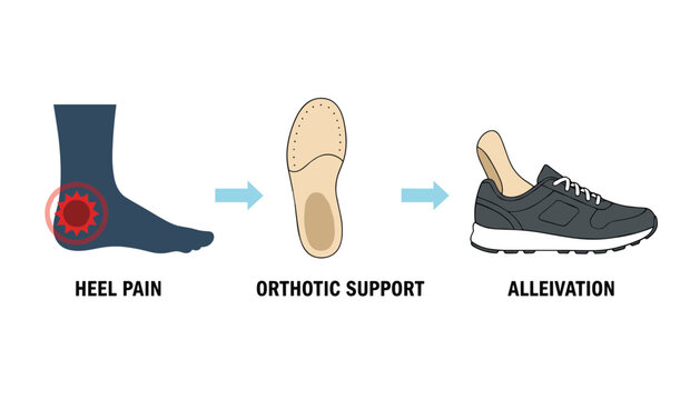 Infographic explaining the treatment of heel pain using custom orthotic support insoles inside athletic shoes.