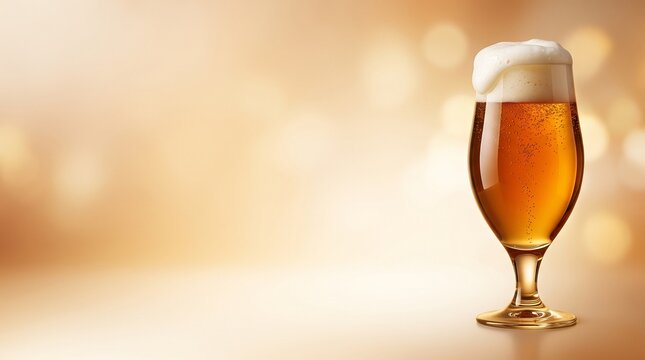 A tall glass of golden beer with a frothy white head sits on a reflective surface, with a soft bokeh background of warm, luminous circles