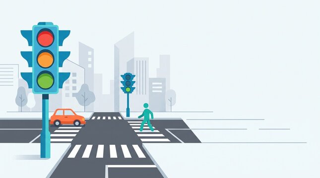 A vibrant cityscape illustration featuring a traffic light, crosswalk, and a solitary figure. The scene is rendered in a clean, modern style with a limited color palette.