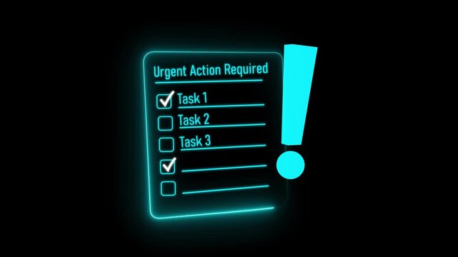Urgent Action Required Neon Checklist with cyan Exclamation Mark, Glowing cyan Task List Document and Green Checkmarks for Business Priority and Management Loop..
