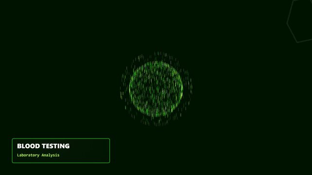 Green digital blood testing laboratory analysis interface showing microscopic cell monitoring with glowing particle circular patterns
