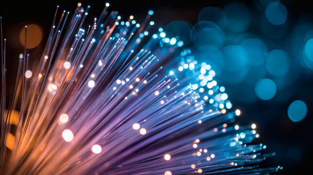 macro photograph of tightly bundled blue and cyan fiber optic cables glowing with active data transmission, strands converge toward a luminous digital folder icon symbolizing secure file sharing, 