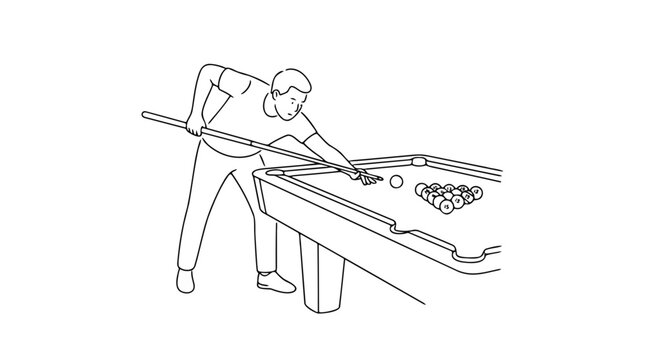 Man playing billiards aiming cue stick at white ball on pool table with racked balls