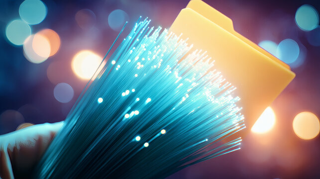 macro photograph of tightly bundled blue and cyan fiber optic cables glowing with active data transmission, strands converge toward a luminous digital folder icon symbolizing secure file sharing, 