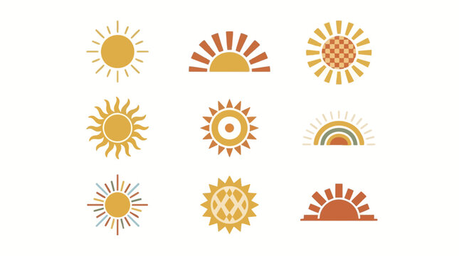 Collection of nine stylized sun illustrations in a boho retro aesthetic with warm earthy tones