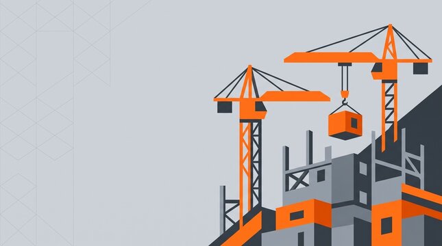 Construction site with two cranes lifting building materials. The cranes are orange and the building is gray and orange with a textured background.