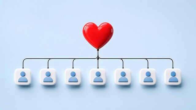 3D red heart connected to blue user profile icons representing online community management customer care and social media followers