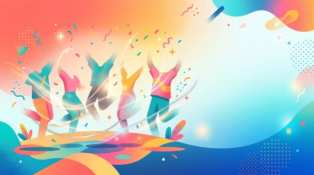 A vibrant, abstract illustration depicting a group of silhouetted figures joyfully celebrating with their arms raised amidst a cascade of confetti and colorful swirling shapes.