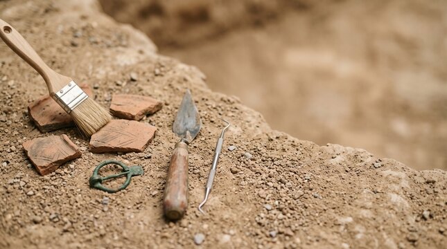 Archaeological dig site showcasing excavation tools like a brush, trowel, and dental pick alongside pottery shards and a bronze fibula, revealing historical remnants