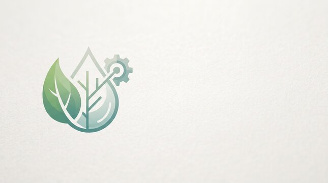 An abstract representation of a leaf merging with a water droplet and a gear, symbolizing sustainability and environmental technology