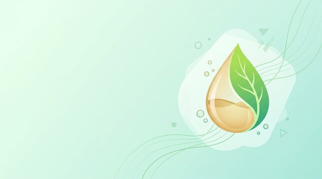 A single drop of clear liquid with a green leaf inside, symbolizing purity and natural essence, set against a soft, abstract background with flowing lines and geometric shapes