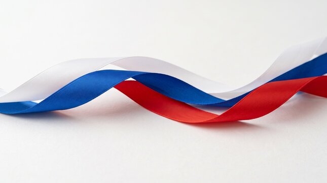 Three ribbons in red, white, and blue are intertwined and flowing in a graceful wave. The ribbons are smooth and satin, creating a visually appealing abstract design.