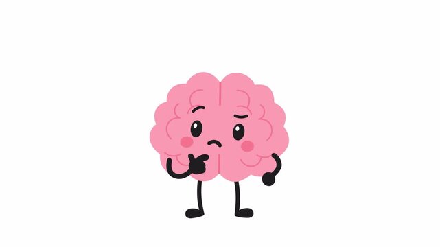 Cute cartoon brain thinking with a curious expression. Flat 2D animation with transparent background and alpha channel for psychology, creativity, and education.