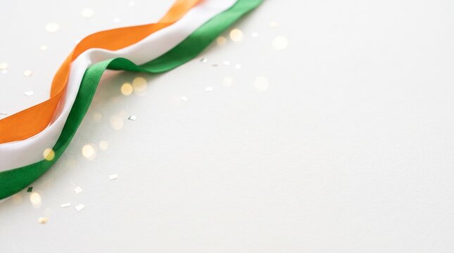 A tri-color ribbon in saffron, white, and green, symbolizing national pride and festivities, subtly adorned with shimmering lights on a clean white surface