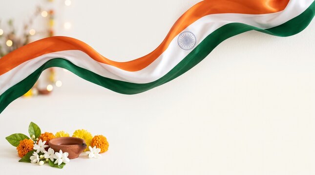 A beautiful Indian flag draped gracefully with floral decorations and diyas. A symbol of patriotism and cultural heritage, this image evokes a sense of national pride and festive spirit