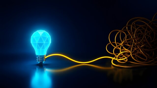 Glowing blue digital lightbulb connected to a tangled yellow wire representing tech innovation and complex problem solving.