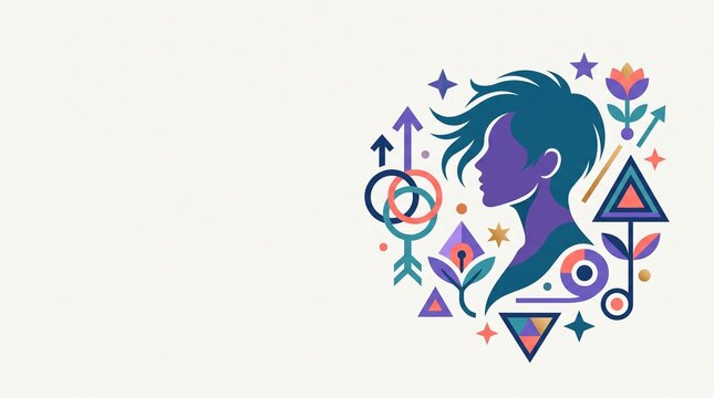 A stylized illustration depicting the profile of a person surrounded by symbolic representations of growth, equality, and progress