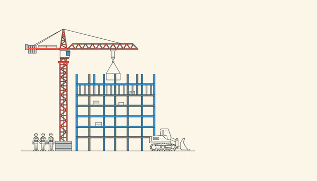 Construction site with high-rise building under development, tower crane lifting materials, workers, and a bulldozer.