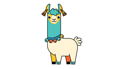 Fototapeta premium Cute llama cartoon character standing with decorative turquoise neck collar, yellow bells, and colorful tassels on ears.