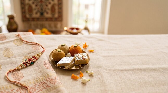 A rakhi and a plate of Indian sweets on a white tablecloth, with a blurred background of a room