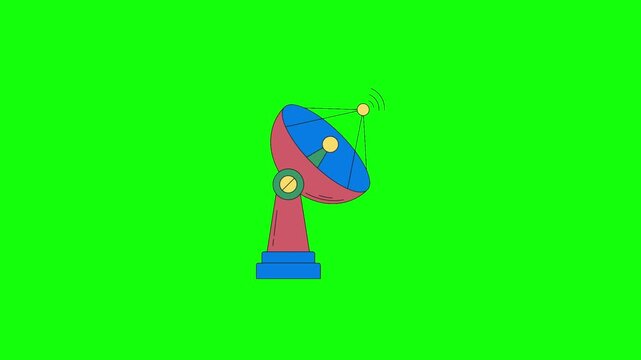 A colorful cartoon satellite antenna with a red base, blue parabolic dish, and yellow LNB stands centered on solid bright lime green background in vibrant vector style.