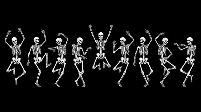 Dancing skeletons collection on black background, set of 9 funny human skeleton characters, spooky halloween party bone figures in motion