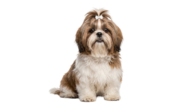 Adorable Shih Tzu dog with a white bow on its head sits patiently