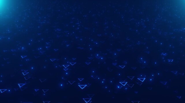 Futuristic blue polygon space visual with tiny glowing triangles, scattered particles, and dark atmospheric depth. Perfect for tech videos, digital openers, data graphics, and abstract overlays.