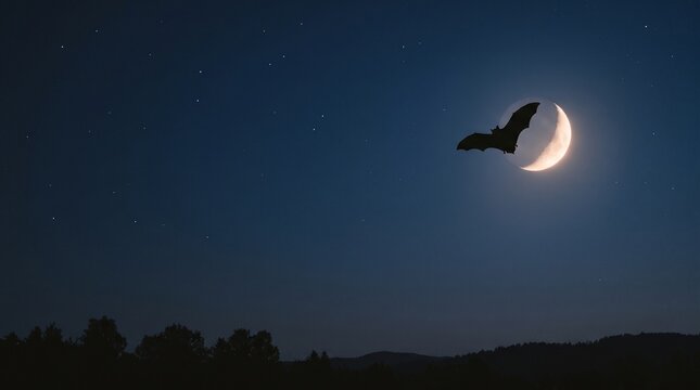 A bat flying in the night sky with a crescent moon and faint stars. The silhouette of trees and hills is visible in the foreground