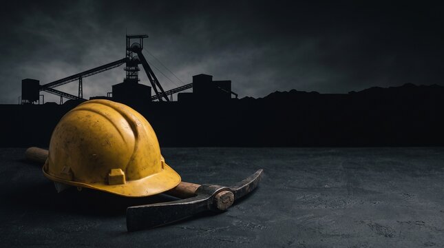 A yellow hard hat and a pickaxe rest on a dark, gritty surface in front of a silhouetted mine shaft under a cloudy sky