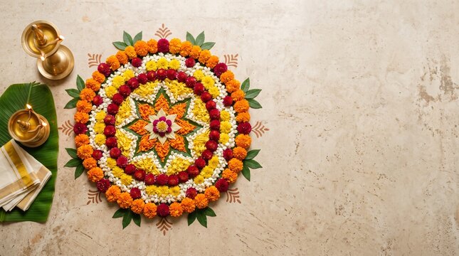 A vibrant floral Rangoli pattern made of marigold and other flowers, with diyas and a folded cloth arranged beside it on a textured surface.