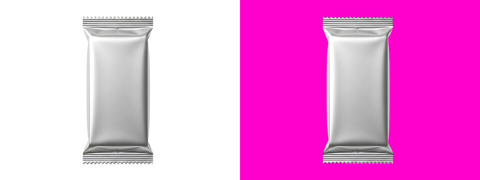 Rectangular silver foil food snack wrapper, isolated on a white background, for chocolate or, candy bar packaging mockups isolated on a transparent background