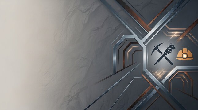 Mining industry symbol of pickaxe, hammer and hard hat inside futuristic geometric structure