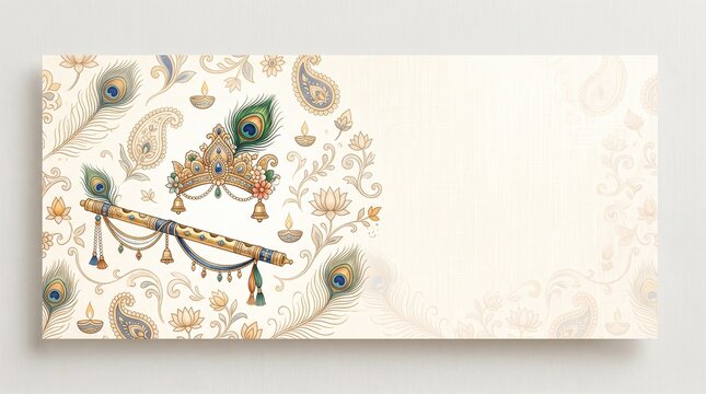 Intricate Indian cultural motif featuring a flute, peacock feather, and decorative patterns on a cream background, evoking spiritual and artistic heritage