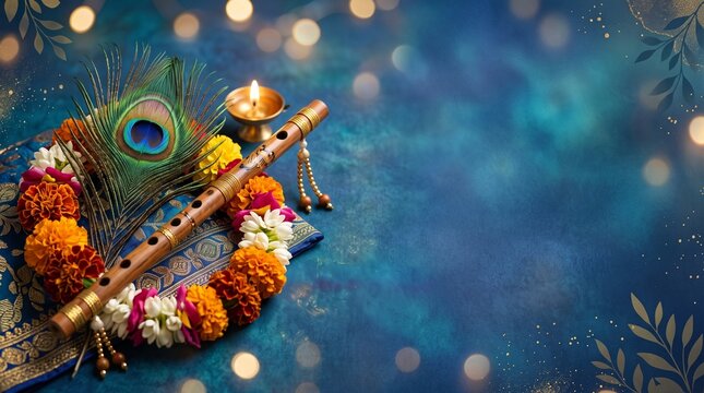 A flute and peacock feather are arranged on a blue textured background, adorned with a garland of marigolds and other flowers, with a diya and bokeh lights adding to the ambiance.