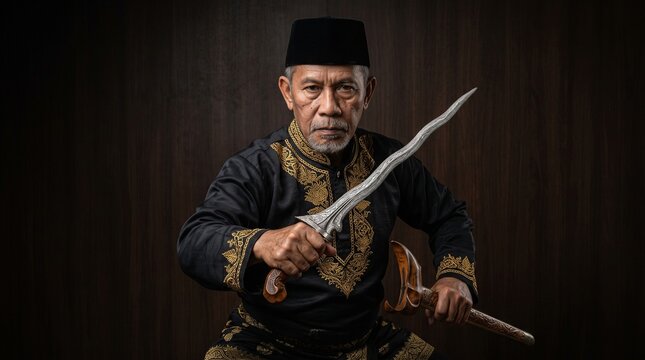 Senior man in traditional black attire holding a wavy blade keris for cultural heritage, silat martial arts, and historical projects.