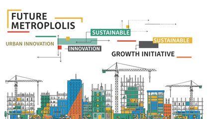 Obraz premium Modern urban development planning and sustainable construction process of a future metropolis with cranes and tall buildings.