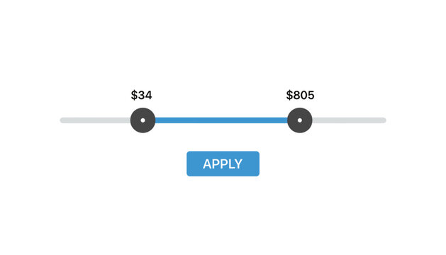 Price range slider interface selector with a blue progress bar and an apply button for digital shopping filters.