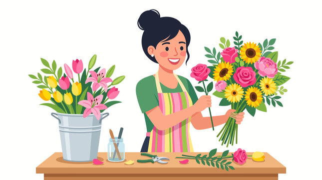A cheerful florist meticulously arranges a vibrant bouquet of sunflowers and roses, surrounded by various colorful blooms and tools on a wooden table.