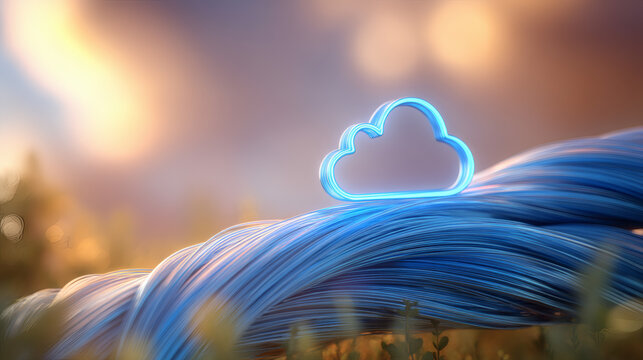 macro photograph of bundled blue and cyan fiber optic cables transmitting data. At the end of the stream, a glowing cloud-shaped folder icon shines in luminous blue. Soft sunlight flares from 